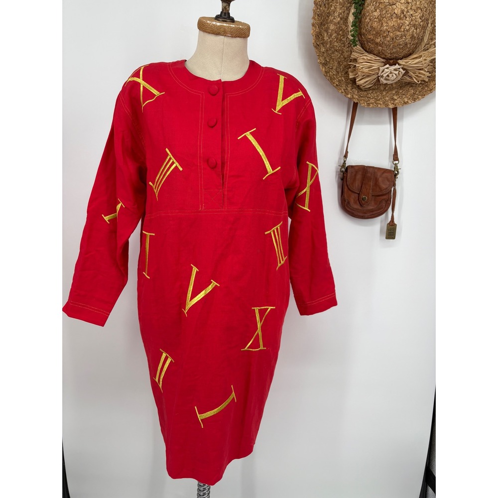 Adam Douglass Adrianna Papell‎ Roman Numerals tunic dress red gold metallic Sz 8